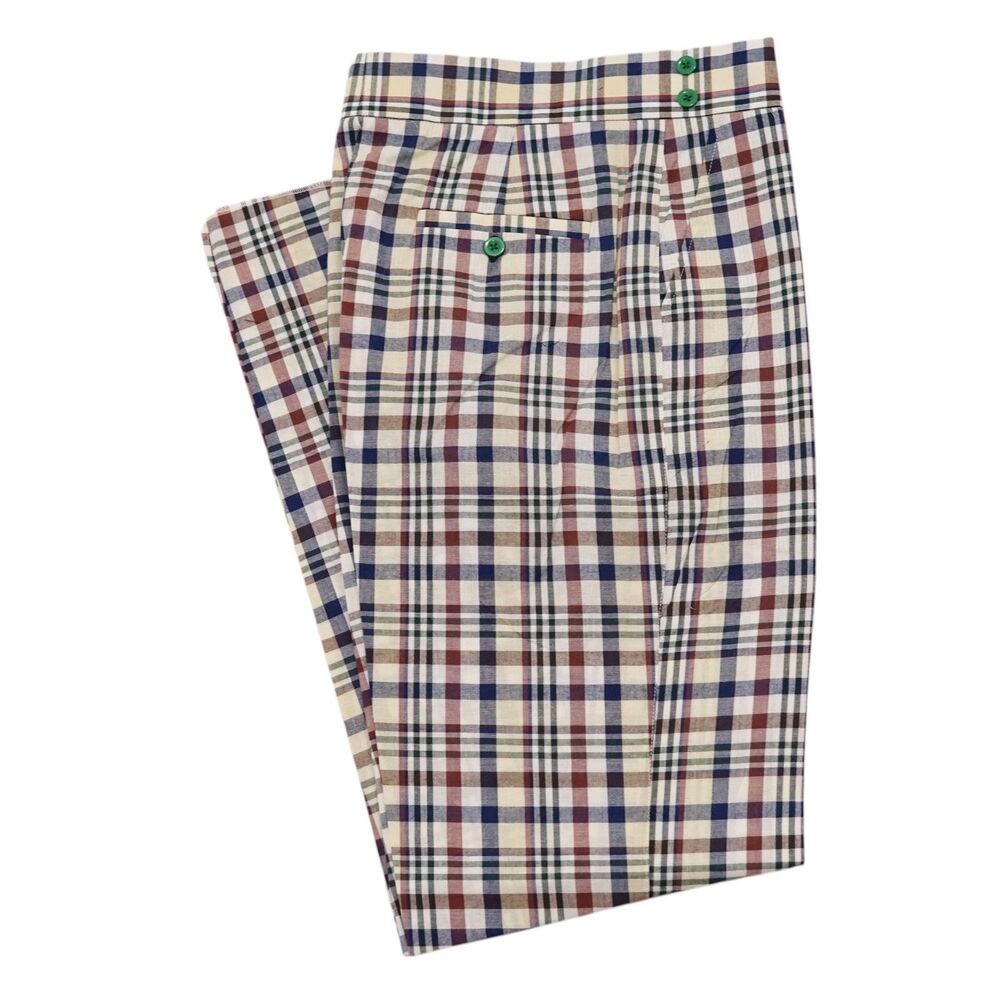 Mens 32 Gurkha Pants Cream Madras Plaid Cotton High Waist Flat Front Trousers